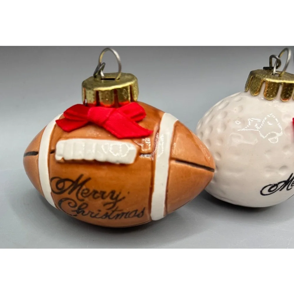 Vtg 4 Pc Sports Themed Christmas Ornaments Tennis Football Golf Baseball Ceramic